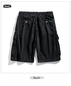 Detail view of black cargo shorts featuring an elastic waistband and large back pockets