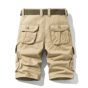 Men's khaki summer cargo shorts with multi-pockets and green woven belt on white background
