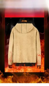 Detail view of khaki lamb wool hooded jacket with warm lining and ribbed cuffs