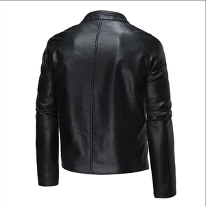 Rear view of men's slim fit black leather motorcycle jacket with sleek stand collar