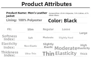 Detailed fabric composition and size chart for slim fit men's washed PU leather jacket