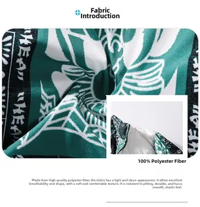 Detailed macro view of 100% polyester fabric with green spider web print and lace trim