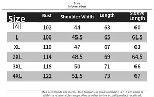 Size chart for men's PU leather blazer jacket with detailed bust and sleeve measurements