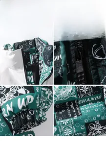 Detail of waterproof windbreaker featuring resin zipper and elastic cuffs with green patterns