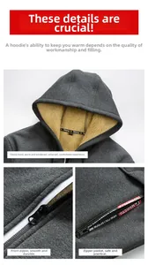 Detail of winter men's hoodie showing thick fleece lining and durable zipper pockets