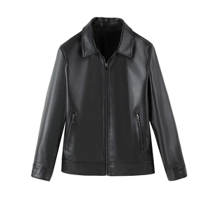 Detailed view of black PU leather jacket with premium zipper pockets and smooth lapels
