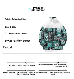 Detail view of graffiti print jacket with sizing table and technical specifications