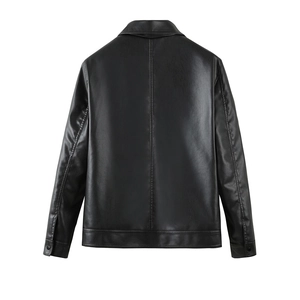 Detail view of the back of a black PU leather jacket showing stitching and fine texture