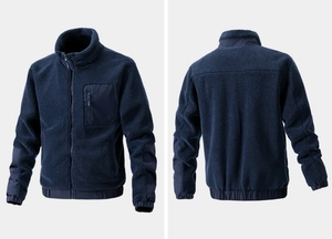 Detailed front and back view of navy fleece jacket with contrast chest zipper pocket