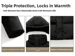 Detailed view of windproof cuffs, detachable hood, and adjustable hem on winter jacket