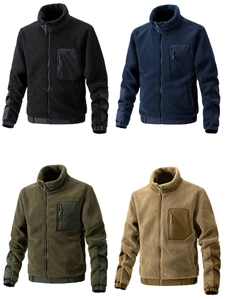 Detail of fleece jackets in four colors featuring stand collar and zip chest pocket