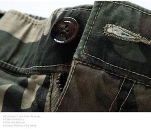 Macro shot of camouflage pants waist featuring resin button and hidden zipper fly