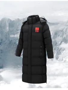 Detail of long black windproof parka with hood featuring national flag chest print
