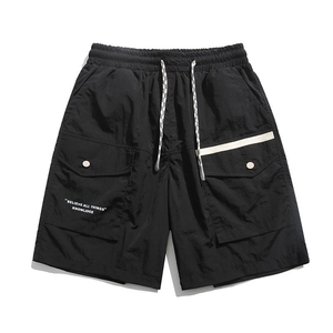 Men's black cargo shorts with elastic drawstring waist and large side pockets for summer