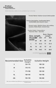Detailed size chart for minimalist winter padded jacket including measurements and suggestions