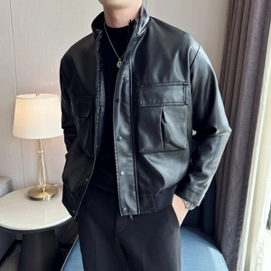 Detail of men's black PU leather jacket featuring cargo flap pockets and zipper closure