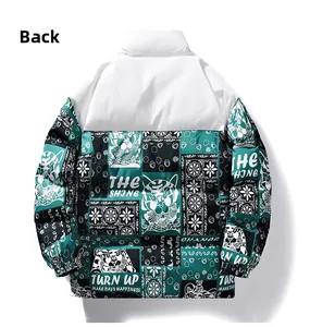 Back view of a stand collar puffer jacket featuring vintage white and green contrast prints