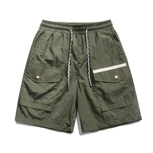 Men's olive green cargo shorts with elastic drawstring waist and side utility pockets