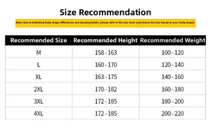 Size chart for men's fleece hoodie jacket with weight and height recommendations