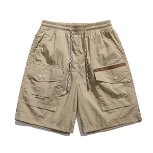 Summer khaki cargo shorts for men featuring elastic drawstring waist and large side pockets