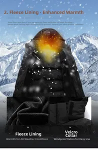 Detail of warm black fleece lining and adjustable velcro collar for thermal protection