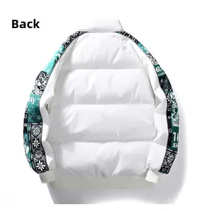 Back view of a white padded puffer jacket featuring blue paisley print patchwork sleeves