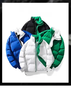 Detail of stand collar puffer jackets in multiple colors with zipper and snap closure