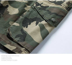 Detail of camouflage twill fabric with side flap pocket and durable metal fastener