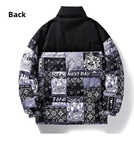 Detail view of the back of a men's winter puffer jacket with street style graphic prints