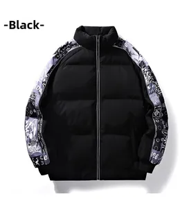 Detailed view of black puffer jacket sleeves with tiger and floral graphic tape