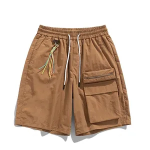 Men's ice silk cargo shorts in khaki with elastic drawstring waist and side zip pocket