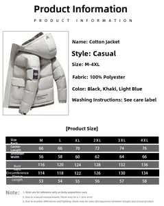 Detailed size chart for men's hooded puffer jacket including M to 4XL measurements
