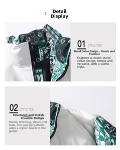 Close-up of white puffer jacket stand collar featuring green paisley lining and zipper detail