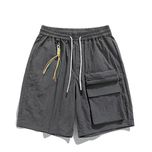 Men's dark grey ice silk cargo shorts with multi-pockets and drawstring waist street style