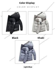 Detailed color display of hooded winter jackets in black, khaki, and light blue options