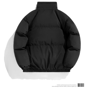 Rear macro view of black minimalist puffer jacket with high collar and quilted texture