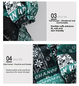 Detail of green graffiti jacket showing windproof elastic cuffs and large side pockets