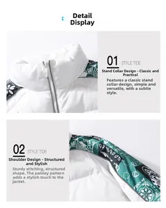Close-up of stand-up collar and green paisley print on white padded jacket shoulder