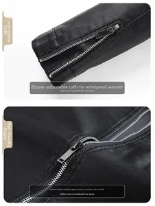 Détail de la veste en cuir noir montrant le zip métallique du poignet et texture