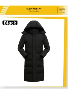 Detailed flat lay of long black hooded parka featuring zipper pockets and windproof fabric