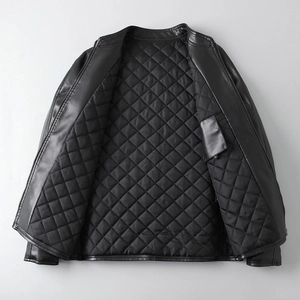 Men's black stand-collar faux leather biker jacket with diamond quilted lining