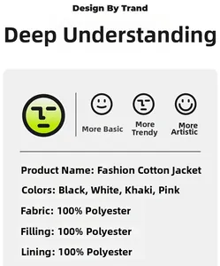 Size chart and material specifications for warm puffer jackets in four stylish colors