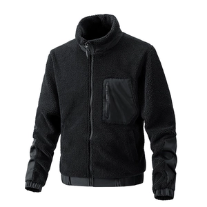 Men's black sherpa fleece jacket with stand collar and zipper pocket for outdoor wear
