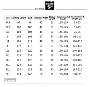Detailed size chart table for long winter puffer coat showing measurements from 3XS up to 6XL