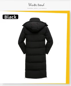 Rear view of long black puffer coat with horizontal quilting and hood detail