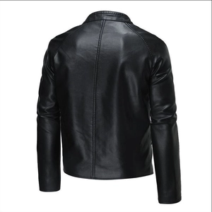 Men's black biker jacket with stand collar and textured faux leather back view