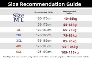 Size chart showing height and weight recommendations from M to 5XL for men's jacket