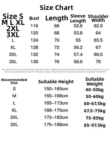 Detailed size chart for stand collar winter puffer jacket with measurements from S to 3XL