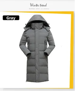 Detailed front view of a grey hooded winter coat with zipper and warm quilted padding