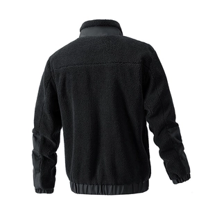 Men's black fleece jacket with stand collar and reinforced elbow patches on back view